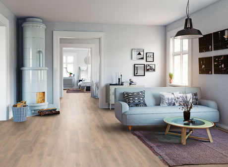 Blonde Oak Laminate Flooring - 8mm, realistic wood look, AC4 wear rating, 20-year guarantee, underfloor heating compatible, ideal for homes and commercial spaces.
