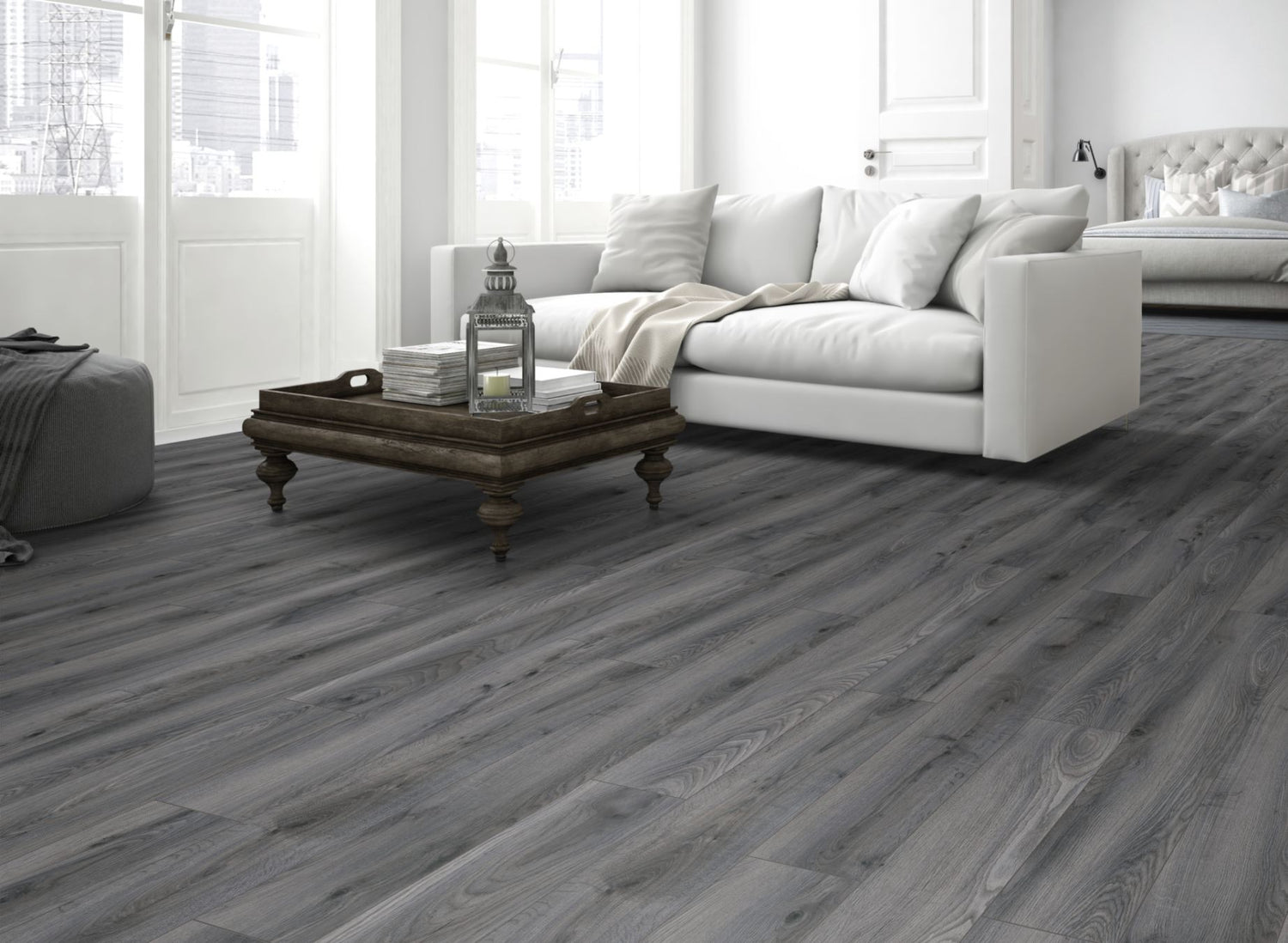 The Tomahawk Oak Laminate Flooring - 12mm features AC4 wear rating, antibacterial, realistic wood look, 20-year guarantee, underfloor heating compatible, Click2go locking system.