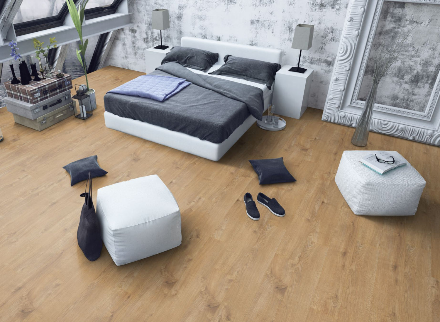 The Sherwood Oak Laminate Flooring - 12mm features wood-like look, antibacterial, AC4 wear rating, underfloor heating compatible, 20-year guarantee, easy Click2go installation.