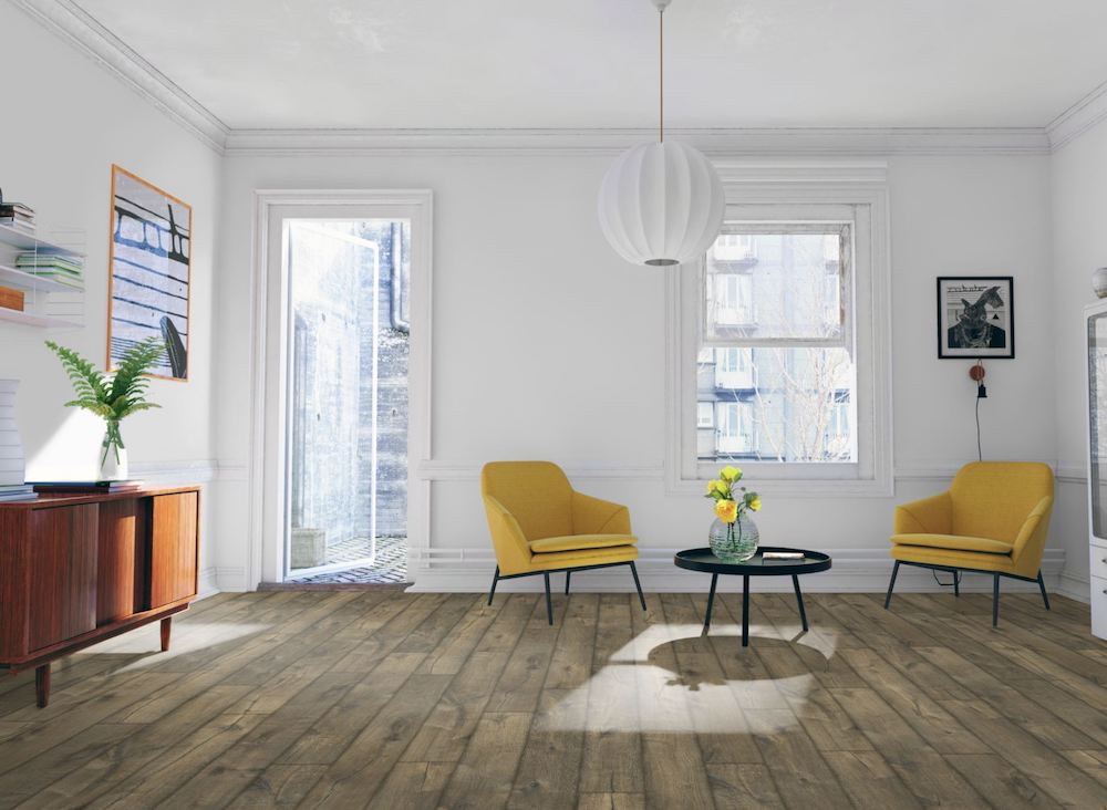 The Oak Posino Gloss Laminate Flooring - 8mm features high-gloss oak finish, AC4 durability and underfloor heating compatible.