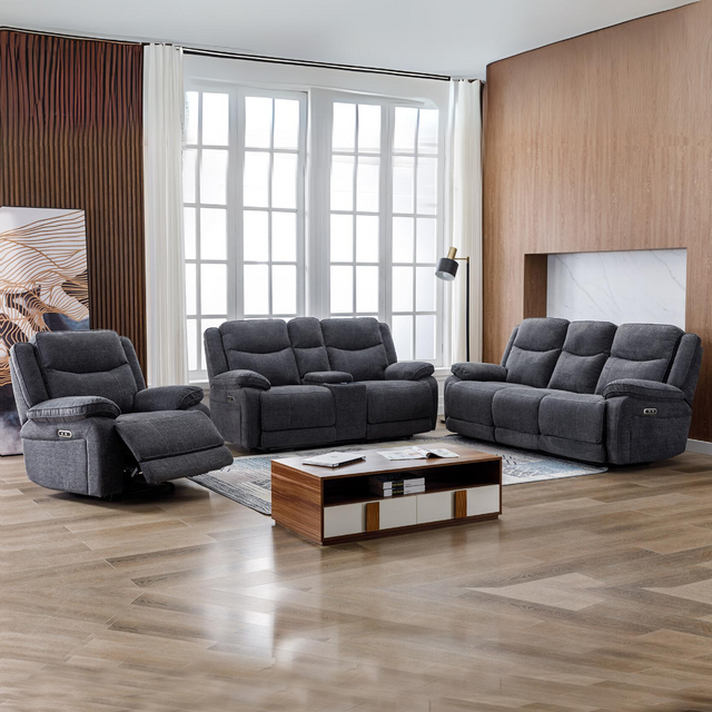 The Hayden Recliner Sofa Set 3+2+1 in Dark Grey features manual reclining, plush comfort, and durable upholstery
