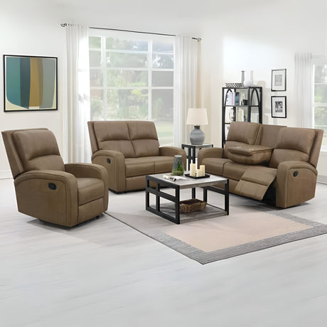 The Rowen Manual Recliner Sofa in Tan features easy-clean fabric, manual reclining, built-in drop-down tray with cup holders.