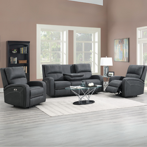 The Rowen Manual Recliner Sofa in Gunmetal/Grey features easy-clean fabric, manual reclining, drop-down tray with cup holders