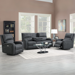 The Rowen Manual Recliner Sofa in Gunmetal/Grey features easy-clean fabric, manual reclining, drop-down tray with cup holders