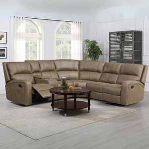 The Rowen Manual Recliner Corner Sofa is upholstered in soft tan and easy-clean fabric, plush cushions and spacious seating