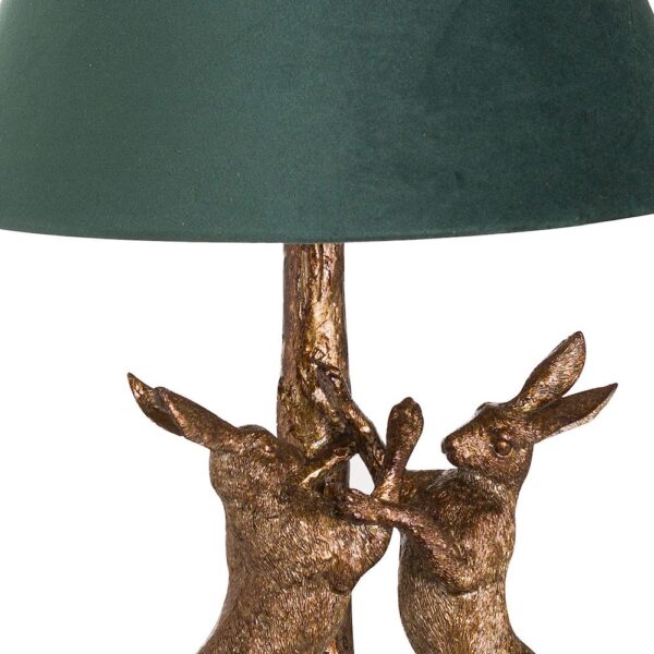 Antique Gold Marching Hares Table Lamp, Green Velvet Shade