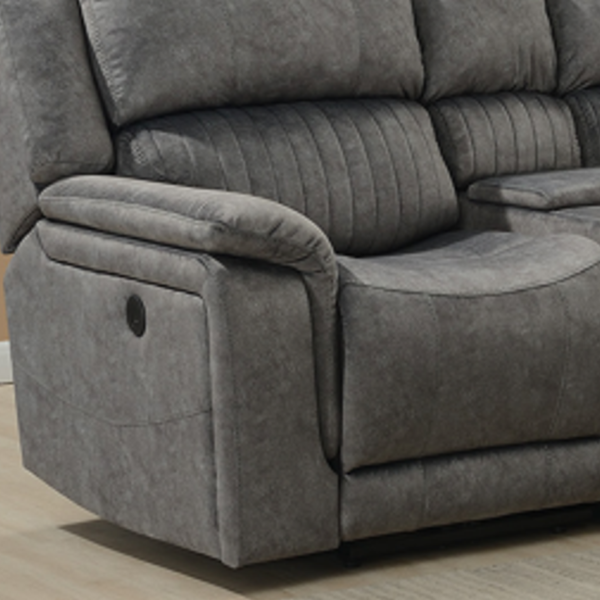 detail of grey washington sofa with ribbed back and manual recliner