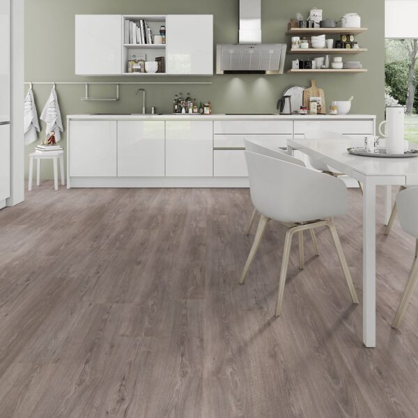 Sterling oak laminate flooring in a kitchen with table and chairs