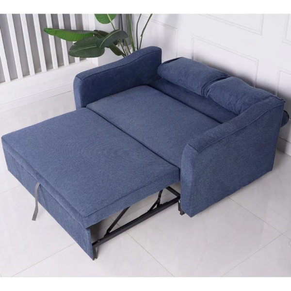The Aspen Sofa Bed in Denim Blue upholstered in luxurious linen fabric