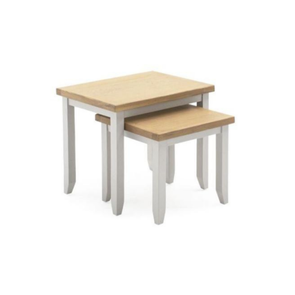The Ferndale Nest of Tables in Grey featuring tops crafted from solid and semi-solid oak
