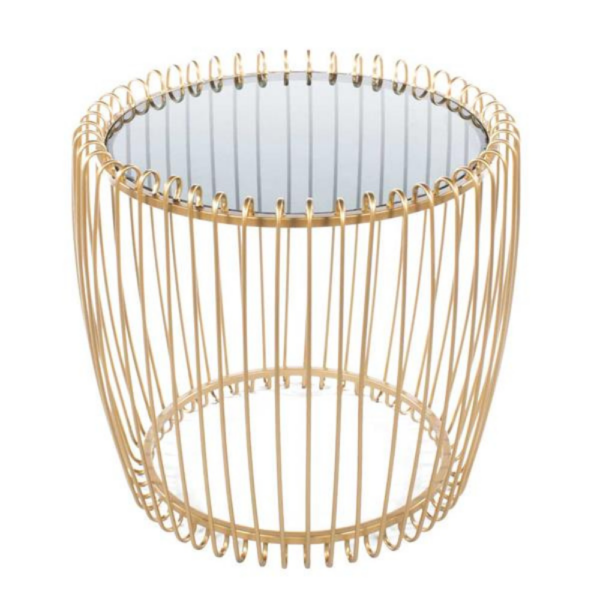The Lottie End Table featuring a gold wire frame and a smoked glass table top