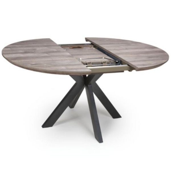 The Malin Extending Round Table in Grey features a wood-effect top ensuring heat, stain, and scratch resistance