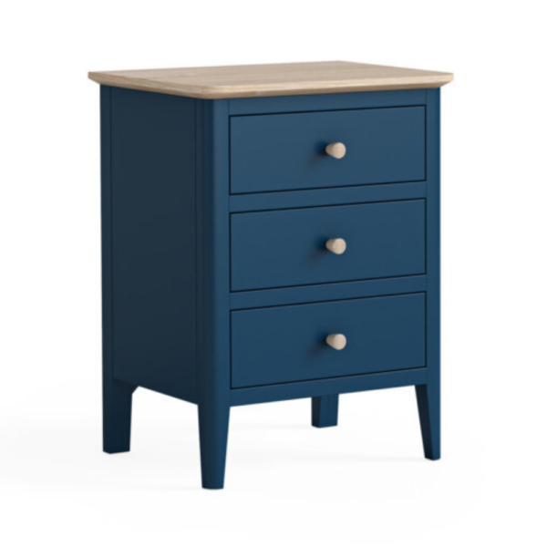The Marlow Bedside Nightstand features a rich navy finish and oak top finished in white wash oil