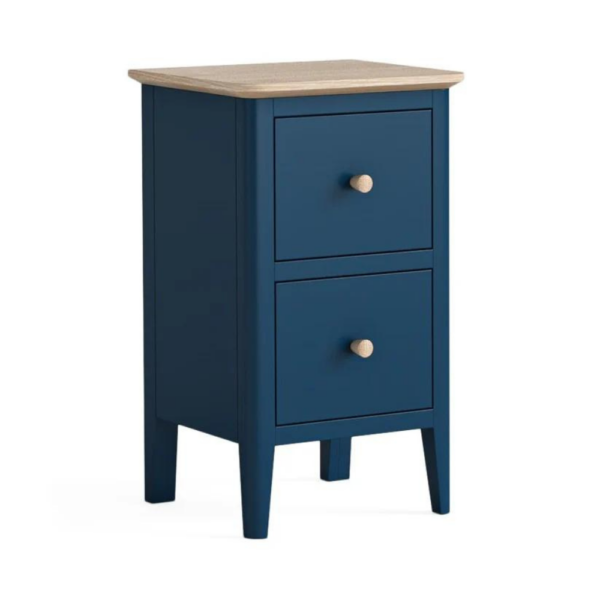The Marlow Narrow Bedside Nightstand features a navy finish and oak top finished in white wash oil