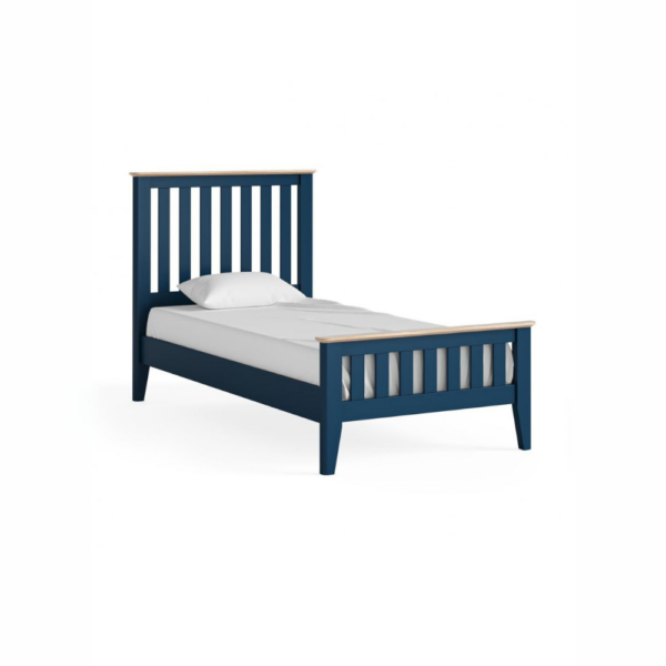 The Marlow Slatted 3ft Bed featuring a navy-painted finish, with oak tops that are finished in a white wash oil