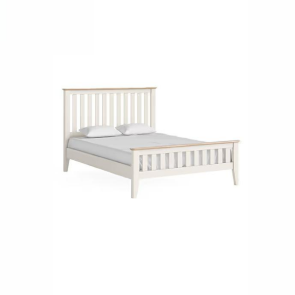 The Marlow Slatted Bed 4ft6 in Coconut Milk features oak tops finished in white was oil and tapered legs.
