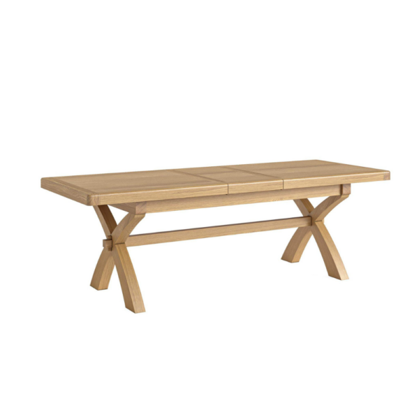 The Normandy Cross Leg Dining Table Extendable is crafted with solid oak frames and real oak veneers.