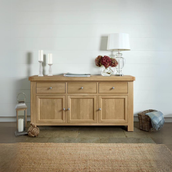 The Normandy Large Sideboard featuring solid oak frames and oak veneers