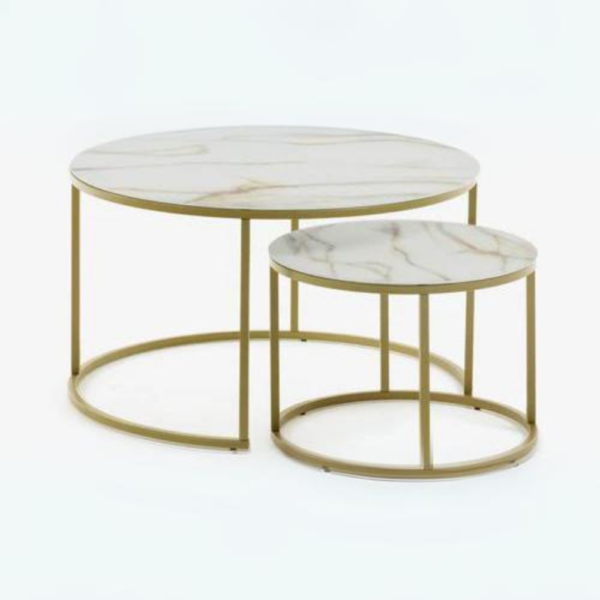 The Portafino Round Coffee Table Set in Kass Gold featuring high-gloss marble-effect tops with brushed gold-effect bases