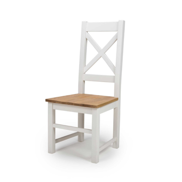 The Portland Crossback Chair features a crisp white colour that beautifully complements its oak seat