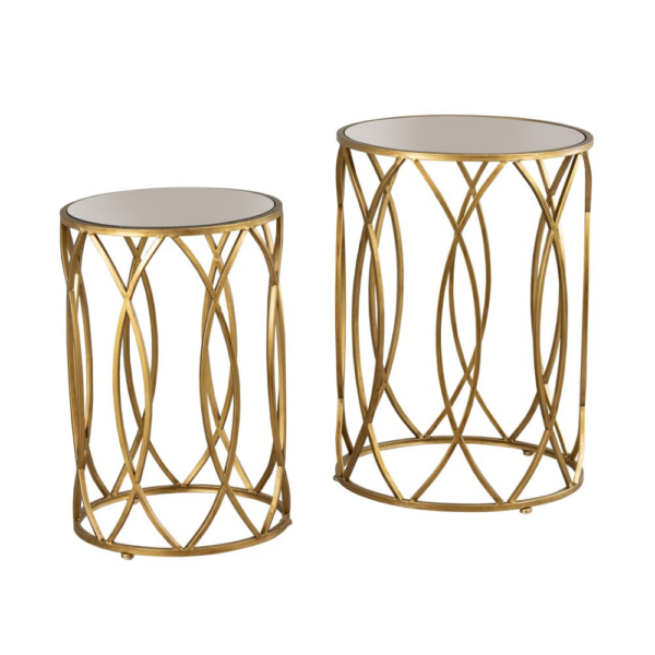 The Waves Table 2 Set in Mirrored Gold features a mirrored surface and a glamorous gold finish