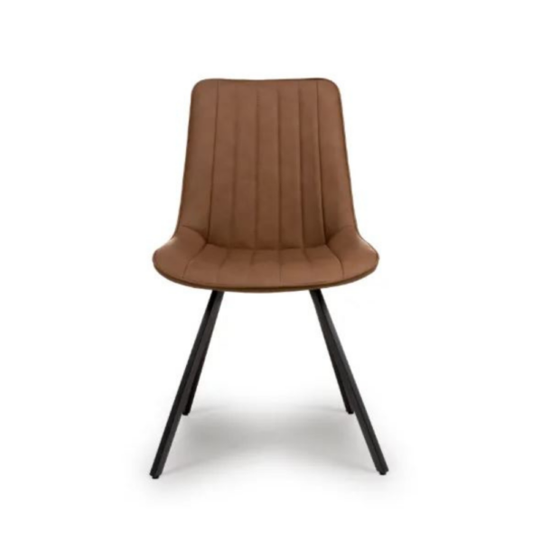 The Miro Chair Tan features faux leather with tramlines and tapered black metal legs.