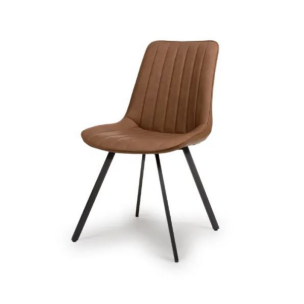 The Miro Chair Tan features faux leather with tramlines and tapered black metal legs.